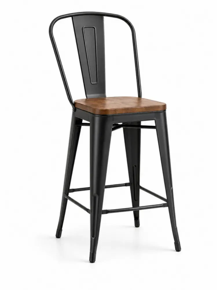 Barhocker mit Rückenlehne rechteckige Holzsitzfläche 43 x 48 x 103 cm pulverbeschichteter Stahl Ulmenholz schwarz braun