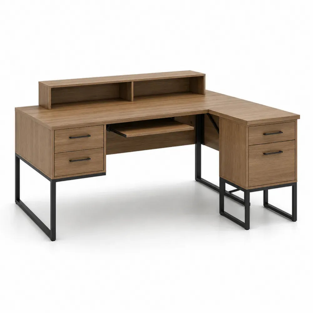 Eckschreibtisch L-förmig mit Schubladen Aufsatz Tastaturauszug Spanplatte Stahlrahmen Eichefarben Schwarz 160 x 140 x 92 cm