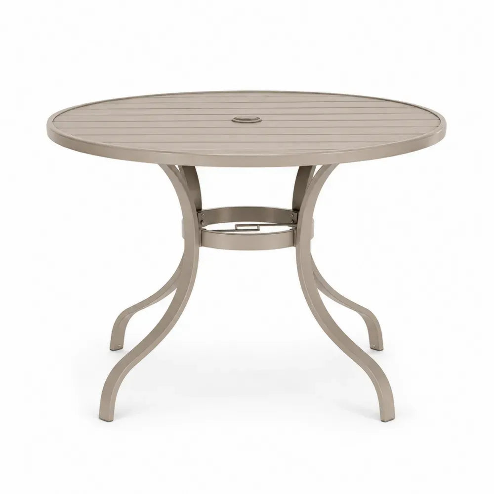 Runder Gartentisch Ø 110 x 74 cm pulverbeschichtetes Aluminium Lamellentischplatte Taupe