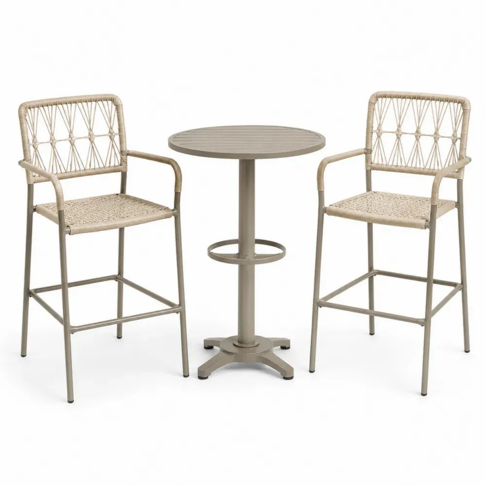 Gartenbar Set 3-teilig mit rundem Bartisch Ø 70 x 105 cm und 2 Barstühlen 56 x 58 x 112 cm Stahl PE Rattan Beige Taupe