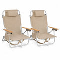 Gartenstuhl 2er Set klappbar mit rechteckiger Sitzfläche Kopfkissen Holzarmlehnen Polyestergewebe Aluminiumgestell Beige Silberfarben 63 x 78 x 94 cm