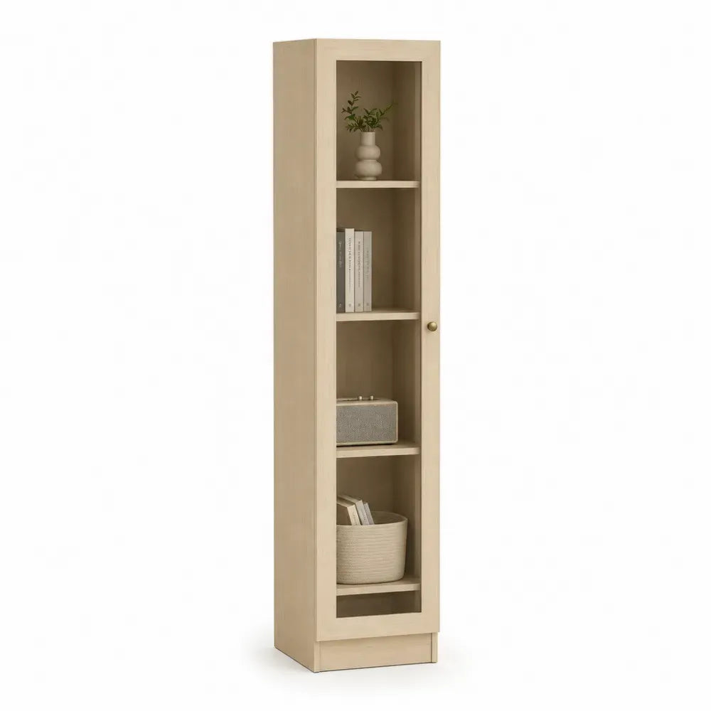 Aufbewahrungsschrank Vitrine mit Glastür rechteckig 40 x 35 x 180 cm MDF Eichenfurnier gehärtetes Glas Naturholzfarben