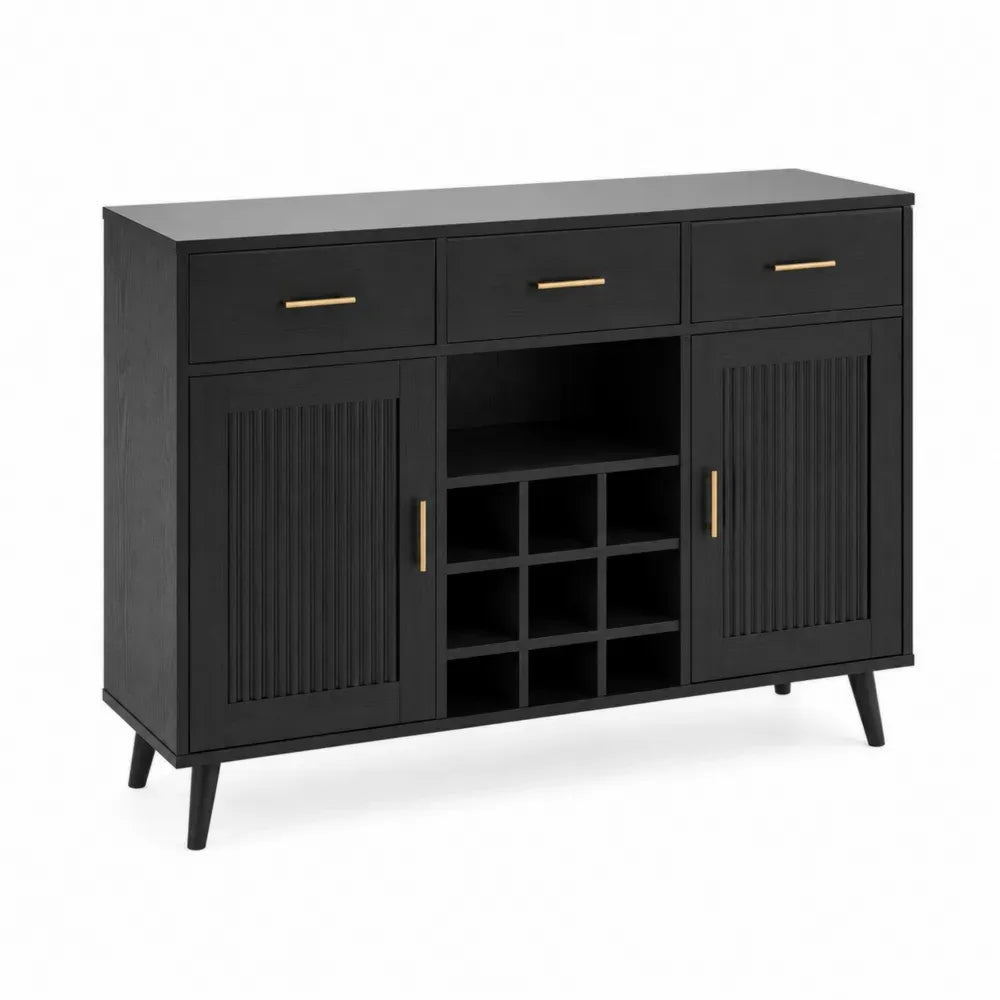 Sideboard Buffet mit 3 Schubladen 2 Türen und Weinregal rechteckig 120 x 40 x 86 cm MDF Spanplatte schwarz goldfarben