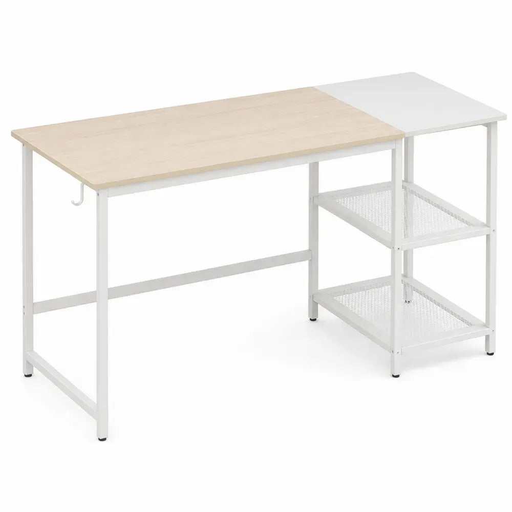 Schreibtisch rechteckig mit Regal Haken MDF Stahlrahmen Eiche hell Weiß 140 x 60 x 75 cm