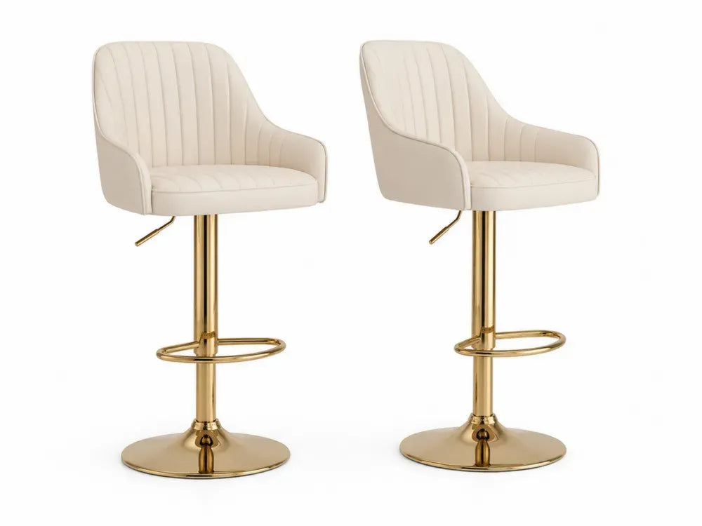 Barhocker 2er Set höhenverstellbar mit Armlehnen und Fußring 54 x 55 x 91-112 cm PU-Leder Stahl creme goldfarben