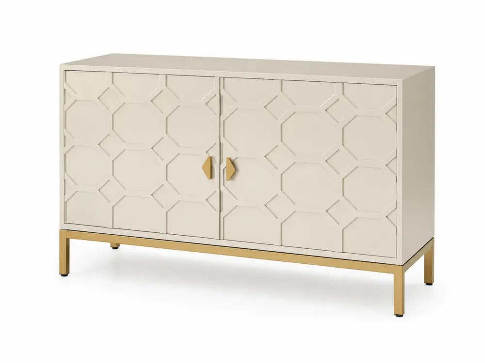 Aufbewahrungsschrank mit 2 Türen geometrischer Frontstruktur rechteckig 120 x 40 x 78 cm MDF Stahl creme goldfarben