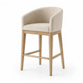 Barhocker mit Armlehnen und Fußstütze 56 x 55 x 98 cm Kautschukholz Polyestergewebe Beige Hellbraun Messingfarben