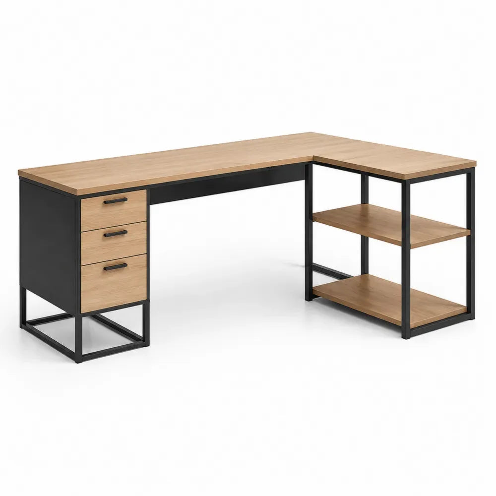 Eckschreibtisch L-förmig mit Schubladen Regal Spanplatte Stahlrahmen Eichefarben Schwarz 160 x 140 x 75 cm