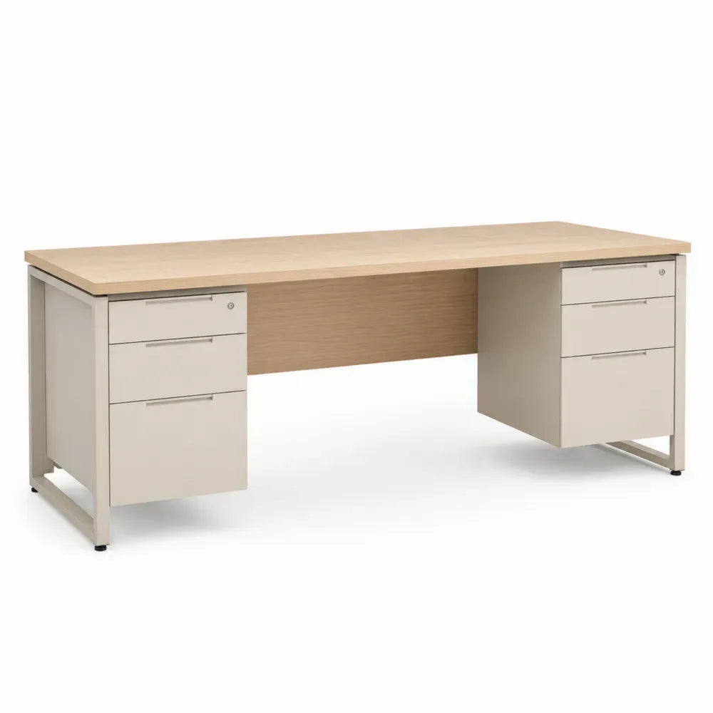 Schreibtisch rechteckig mit 6 Schubladen Stahlblech Korpus melaminbeschichtete Spanplatte Eiche Dekor Beige 180 x 80 x 75 cm