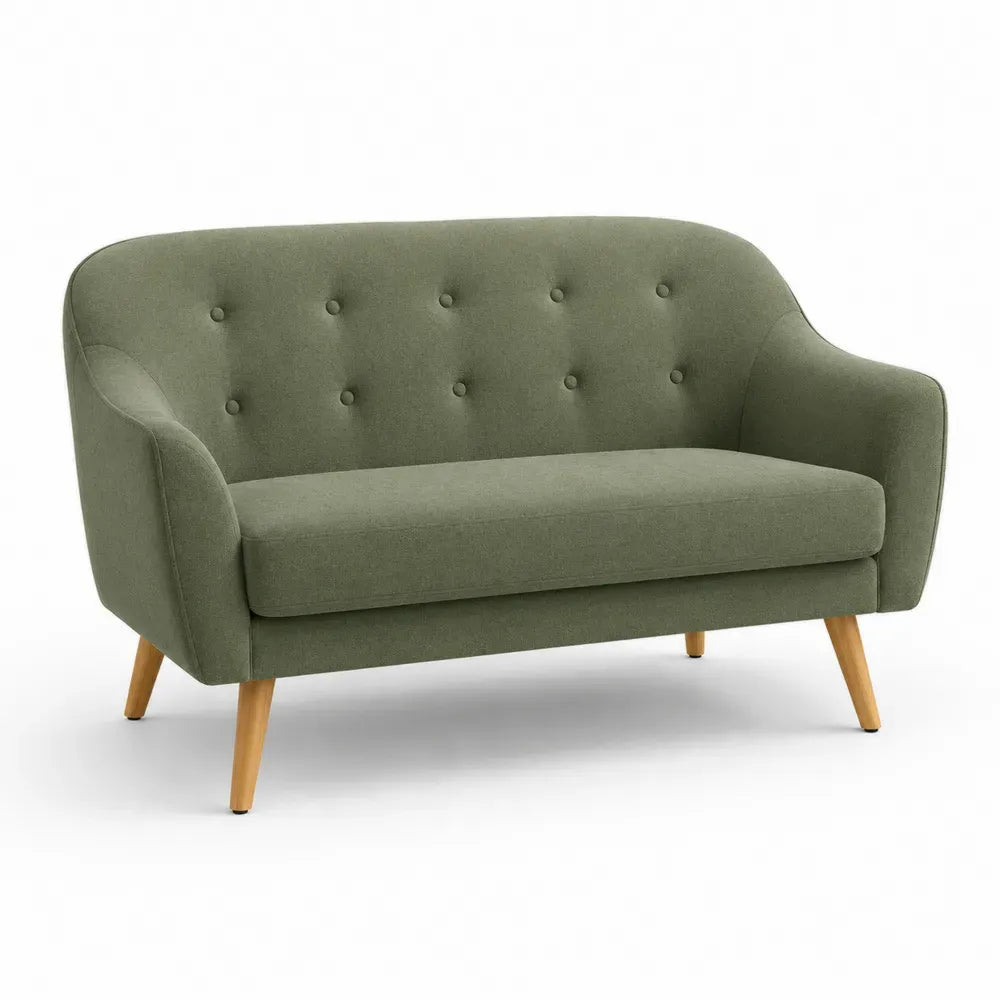Zweisitzer Sofa gepolstert rechteckig 132 x 75 x 78 cm Polyestergewebe Kautschukholz Olivgrün Naturholzfarben