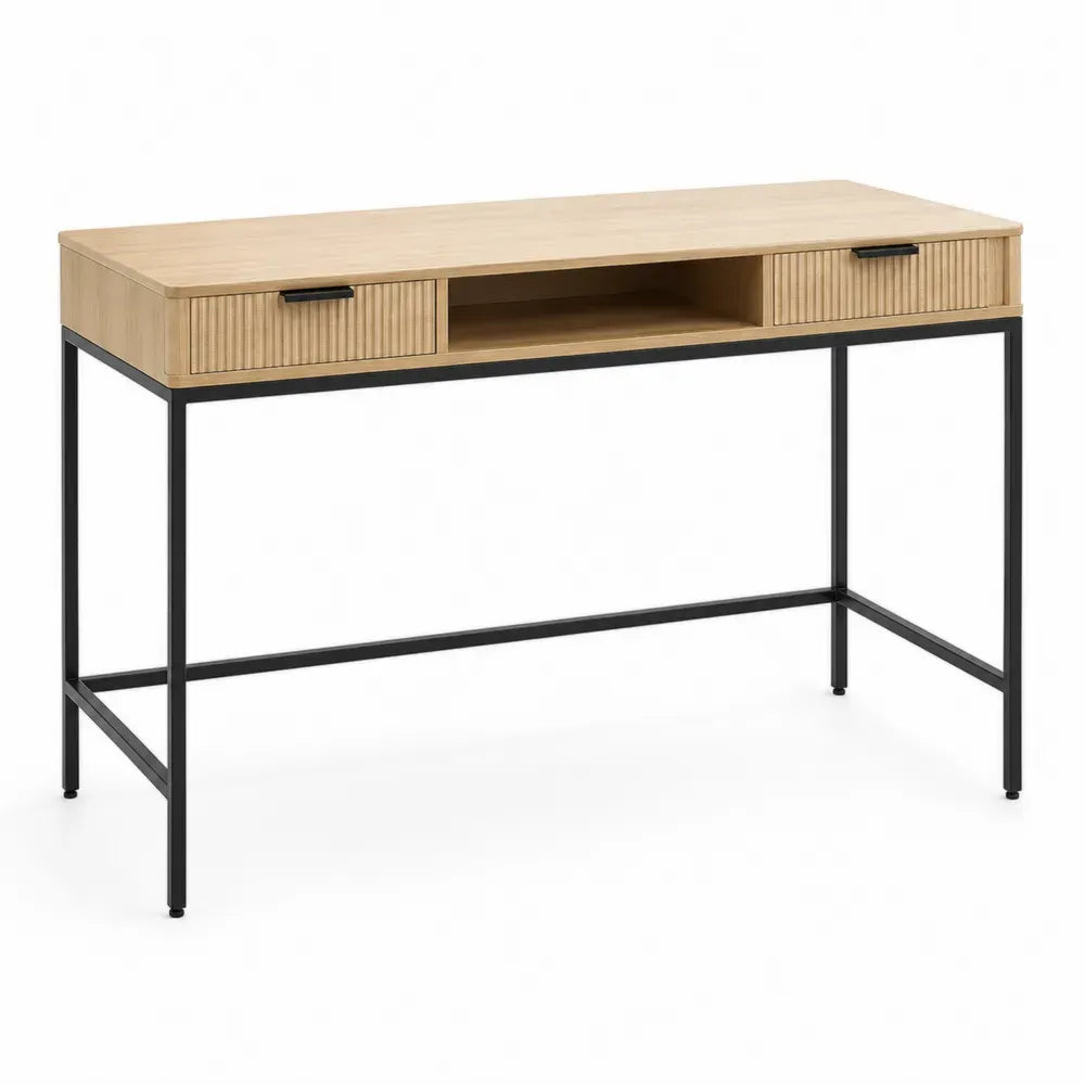 Schreibtisch rechteckig mit 2 Schubladen offenem Fach MDF Stahlgestell Eiche Schwarz 120 x 50 x 76 cm