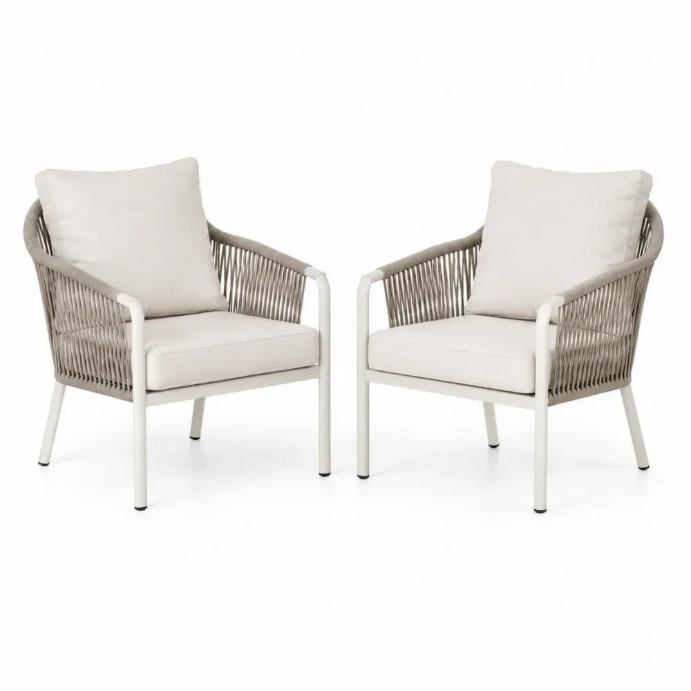 Gartenstuhl 2er Set mit Armlehnen rechteckiger Sitzfläche Polyesterkissen PP Seilgeflecht Aluminiumgestell Beige Weiß Taupe je 70 x 73 x 78 cm