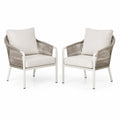 Gartenstuhl 2er Set mit Armlehnen rechteckiger Sitzfläche Polyesterkissen PP Seilgeflecht Aluminiumgestell Beige Weiß Taupe je 70 x 73 x 78 cm