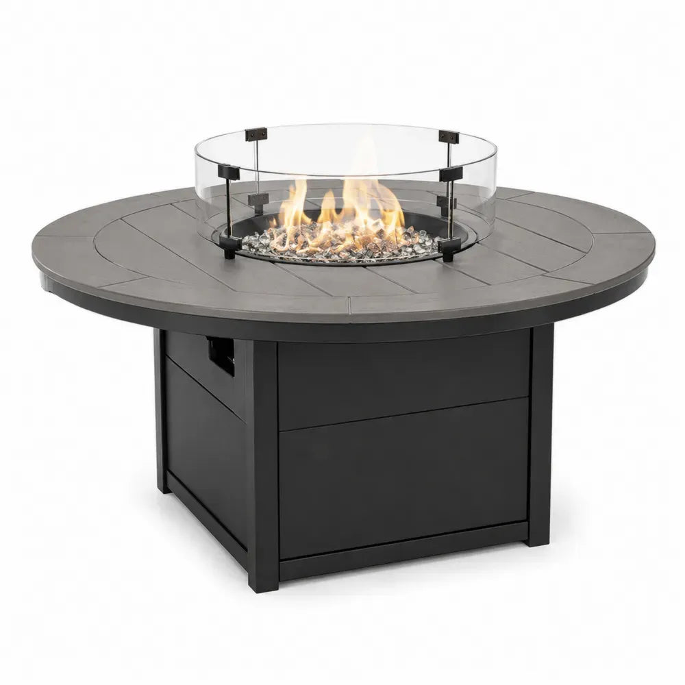 Runder Gas-Feuertisch Gartentisch Ø 107 x 65 cm pulverbeschichtetes Aluminium Stahl gehärtetes Glas Grau Schwarz Transparent Silberfarben