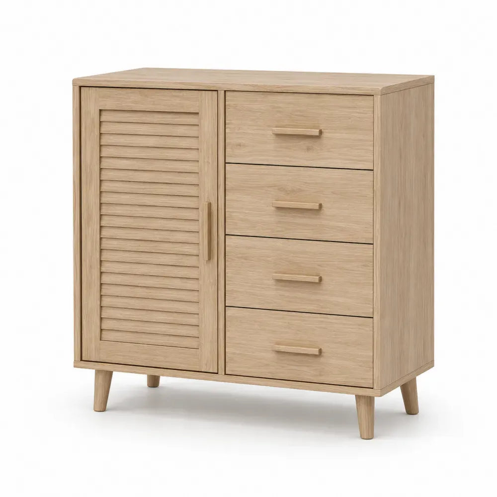 Aufbewahrungsschrank mit 1 Lamellentür und 4 Schubladen rechteckig 80 x 40 x 100 cm MDF Eichenfurnier naturholzfarben