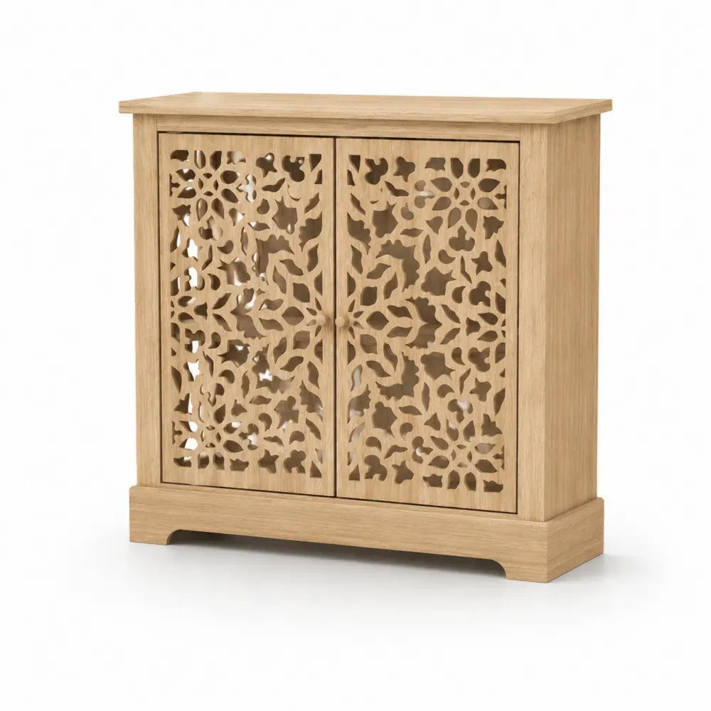 Aufbewahrungsschrank mit 2 durchbrochenen Türen rechteckig 90 x 38 x 86 cm MDF Eichenfurnier Naturbraun