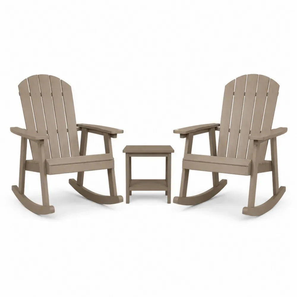 Gartenschaukelstuhl 3 teiliges Set mit 2 Stühlen und quadratischem Beistelltisch aus HDPE Kunststoff Taupe Stuhl 68 x 88 x 106 cm Tisch 45 x 45 x 46 cm
