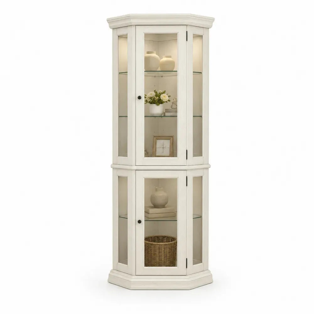 Eckvitrine Vitrinenschrank mit Glastüren und Beleuchtung 76 x 50 x 190 cm MDF gehärtetes Glas cremeweiß klar schwarz