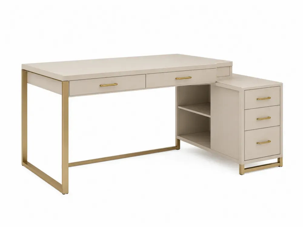 Schreibtisch rechteckig mit 5 Schubladen 2 offenen Fächern MDF Stahlgestell Beige Goldfarben 150 x 60 x 76 cm