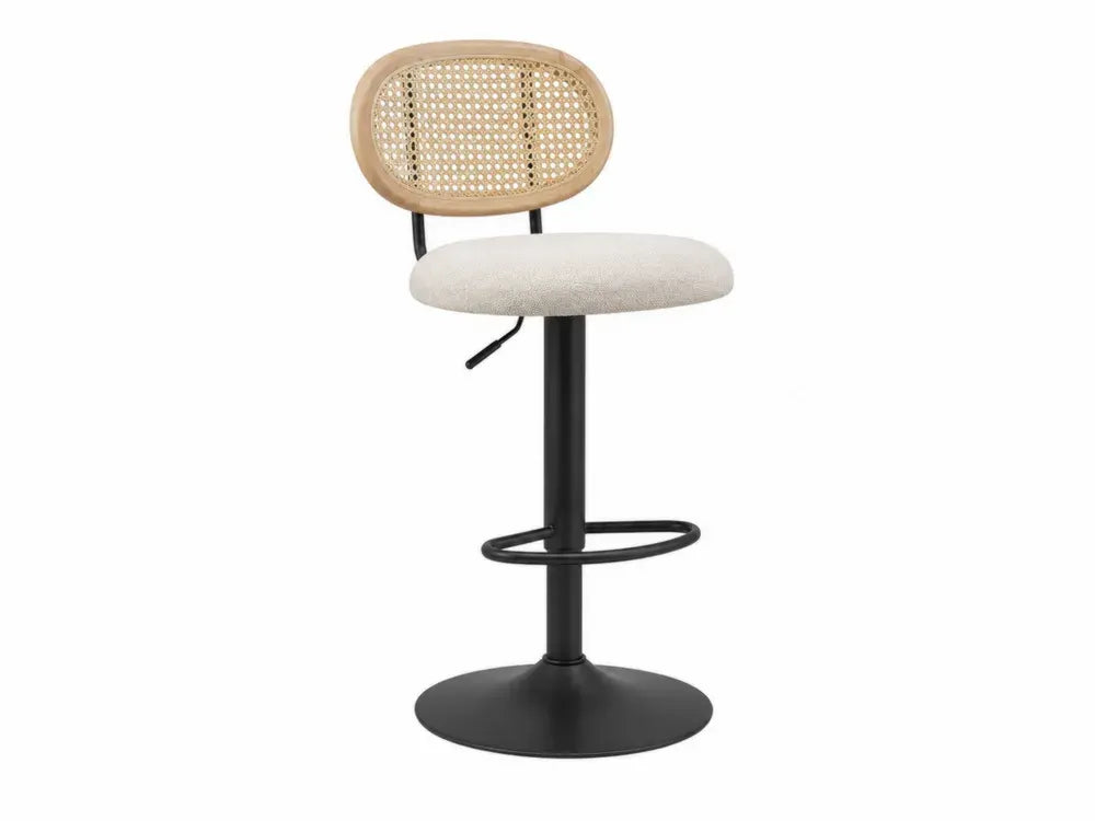 Barhocker höhenverstellbar mit Rattan Rückenlehne 45 x 47 x 90-112 cm Polyester-Bouclé Kautschukholz Stahl beige naturfarben schwarz