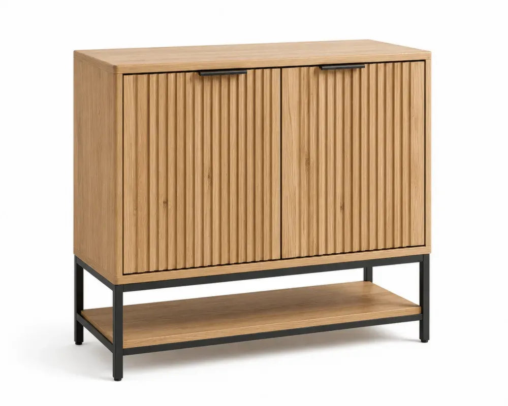 Sideboard mit Lamellentüren und Ablage rechteckig 100 x 40 x 85 cm MDF Eichenfurnier Stahl Hellbraun Schwarz