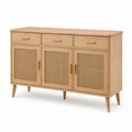 Sideboard Buffetschrank mit 3 Schubladen 3 Türen und PE-Rattanfronten 140 x 40 x 80 cm MDF Eichenfurnier naturholzfarben goldfarben