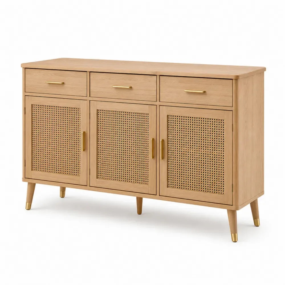 Sideboard Buffetschrank mit 3 Schubladen 3 Türen und PE-Rattanfronten 140 x 40 x 80 cm MDF Eichenfurnier naturholzfarben goldfarben