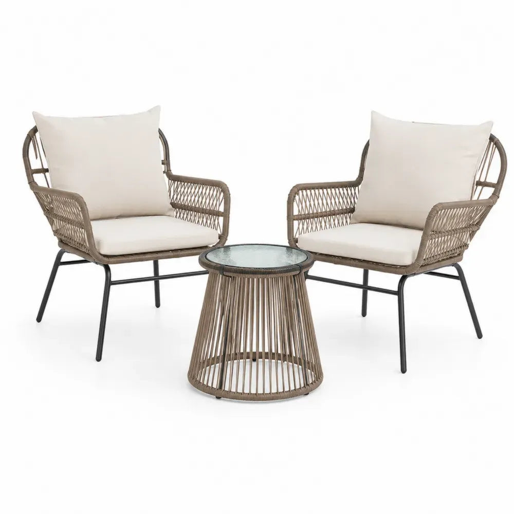 Gartenmöbel Set 3-teilig mit 2 Sesseln und rundem Tisch Sessel 68 x 72 x 84 cm Tisch Ø 50 x 45 cm PE-Rattan Stahl Beige Taupe Schwarz Transparent