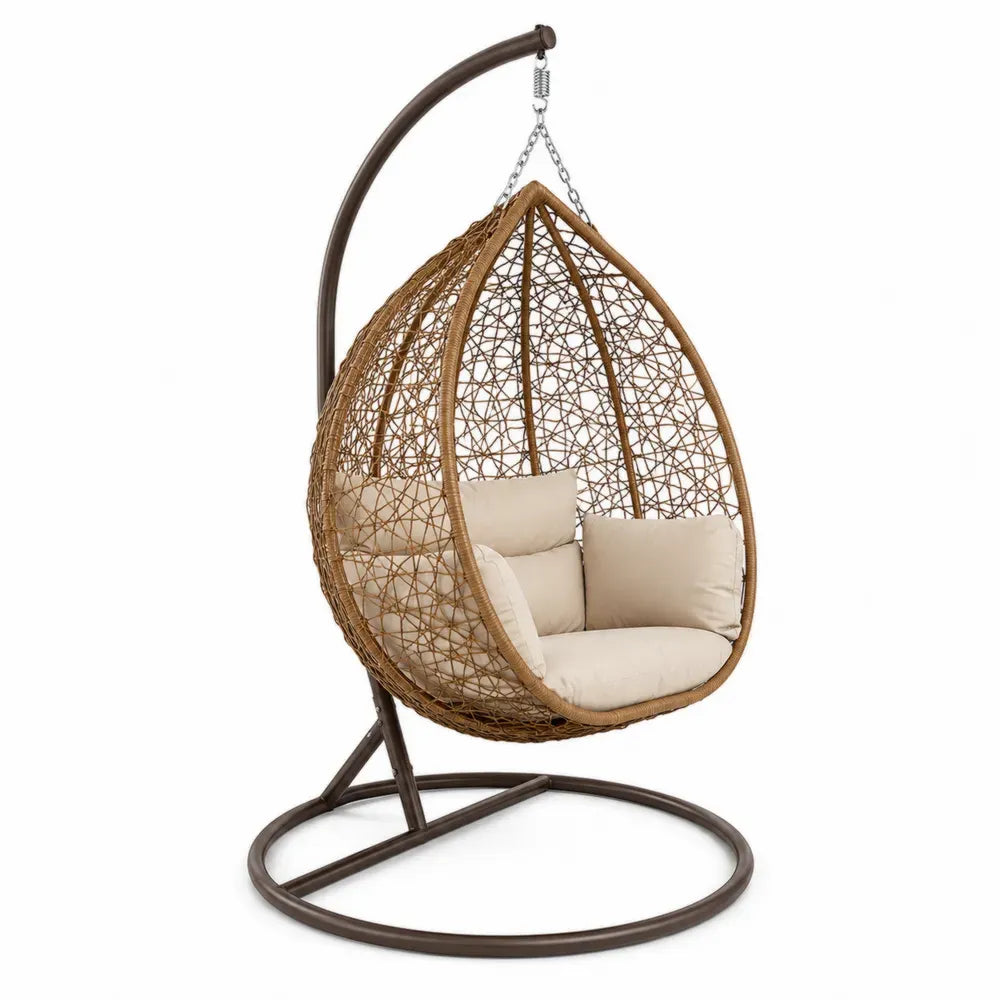 Hängesessel mit Gestell eiförmig PE Rattan Stahlrahmen Polyesterkissen Braun Beige 105 x 95 x 198 cm