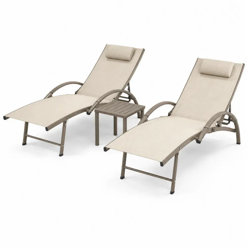 2er Set Sonnenliegen mit quadratischem Beistelltisch und Kopfkissen verstellbar Stahlrahmen PVC-beschichtetes Polyestergewebe Beige Taupe 195 x 66 x 95 cm