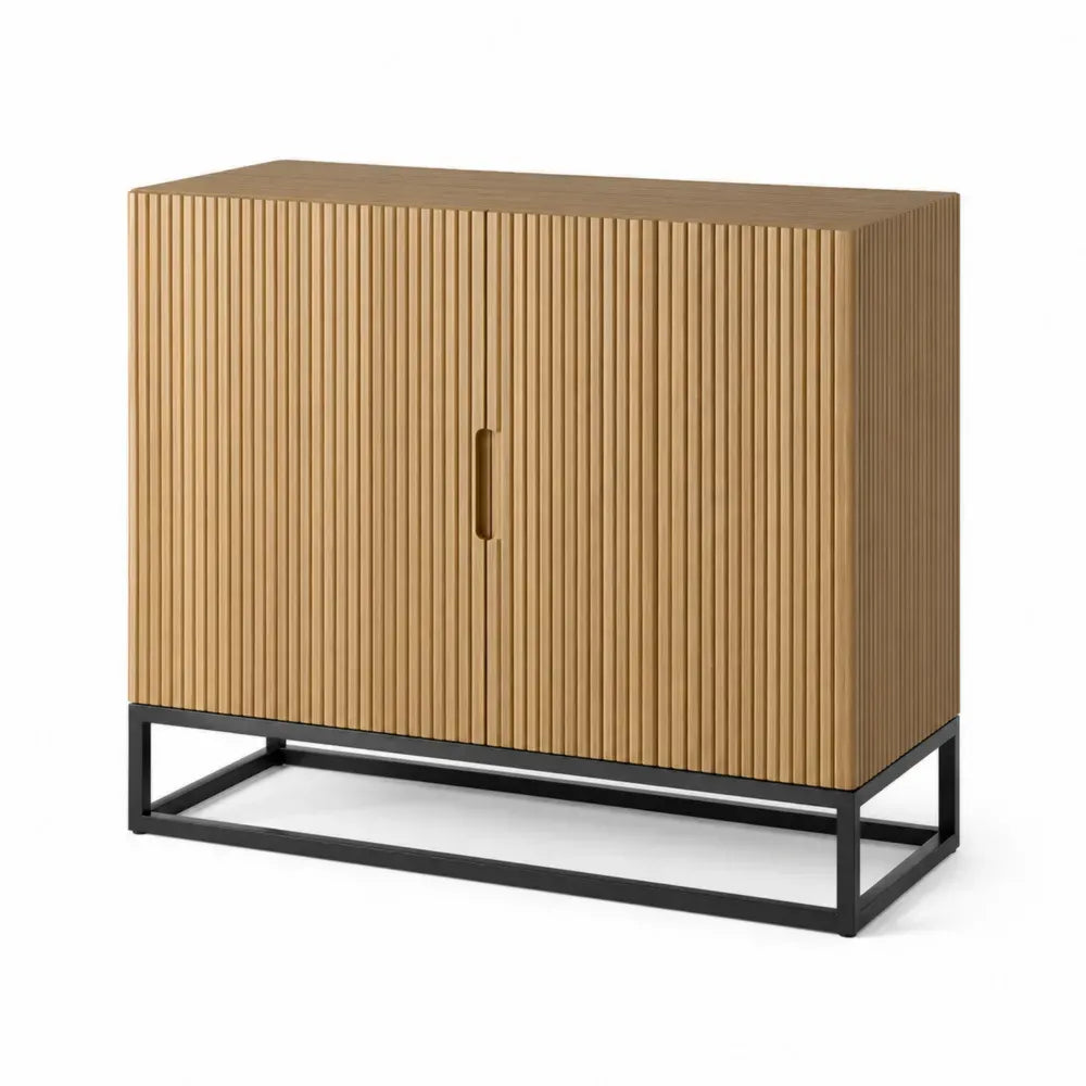 Aufbewahrungsschrank Sideboard mit 2 gerillten Türen rechteckig 100 x 40 x 80 cm MDF Eichenfurnier Stahl Naturholzfarben Schwarz