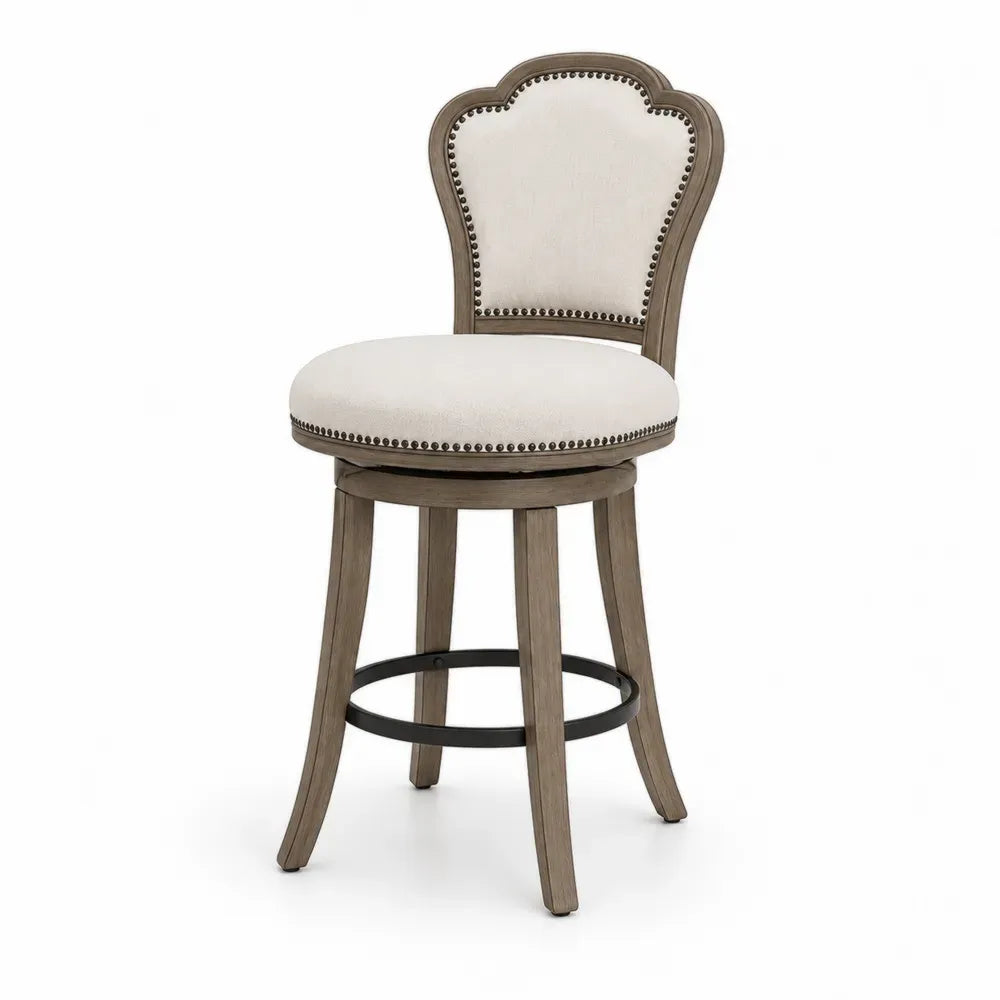 Barhocker mit Rückenlehne und Fußring rund 48 x 52 x 108 cm Kautschukholz Polyestergewebe Beige Graubraun Schwarz