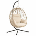 Hängesessel mit Gestell rund eiförmig PE Rattan Stahlrahmen Polyesterkissen Beige Schwarz 105 x 105 x 195 cm