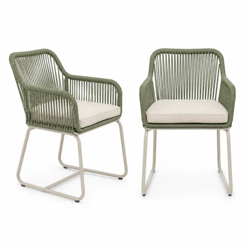 Gartenstuhl 2er Set mit Armlehnen rechteckiger Sitzfläche Aluminiumgestell Polyesterseilgeflecht Sitzkissen Salbeigrün Beige Cremeweiß je 61 x 63 x 84 cm