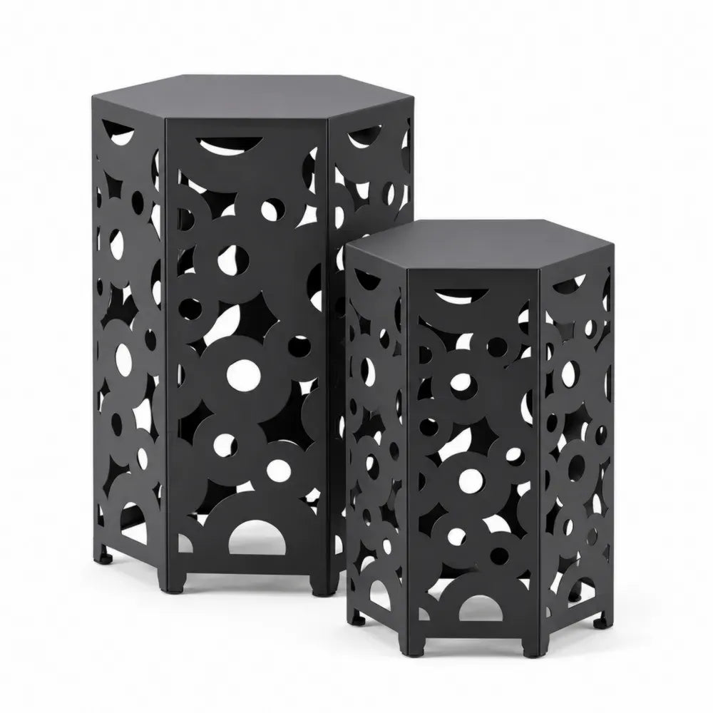 Gartentisch Set 2-teilig Beistelltische sechseckig 35 x 35 x 60 cm und 30 x 30 x 45 cm pulverbeschichteter Stahl Schwarz