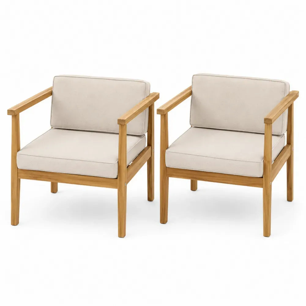 Gartensessel 2er Set mit Armlehnen rechteckiger Sitzfläche Akazien Massivholz Polyesterkissen Naturbraun Beige 66 x 74 x 76 cm
