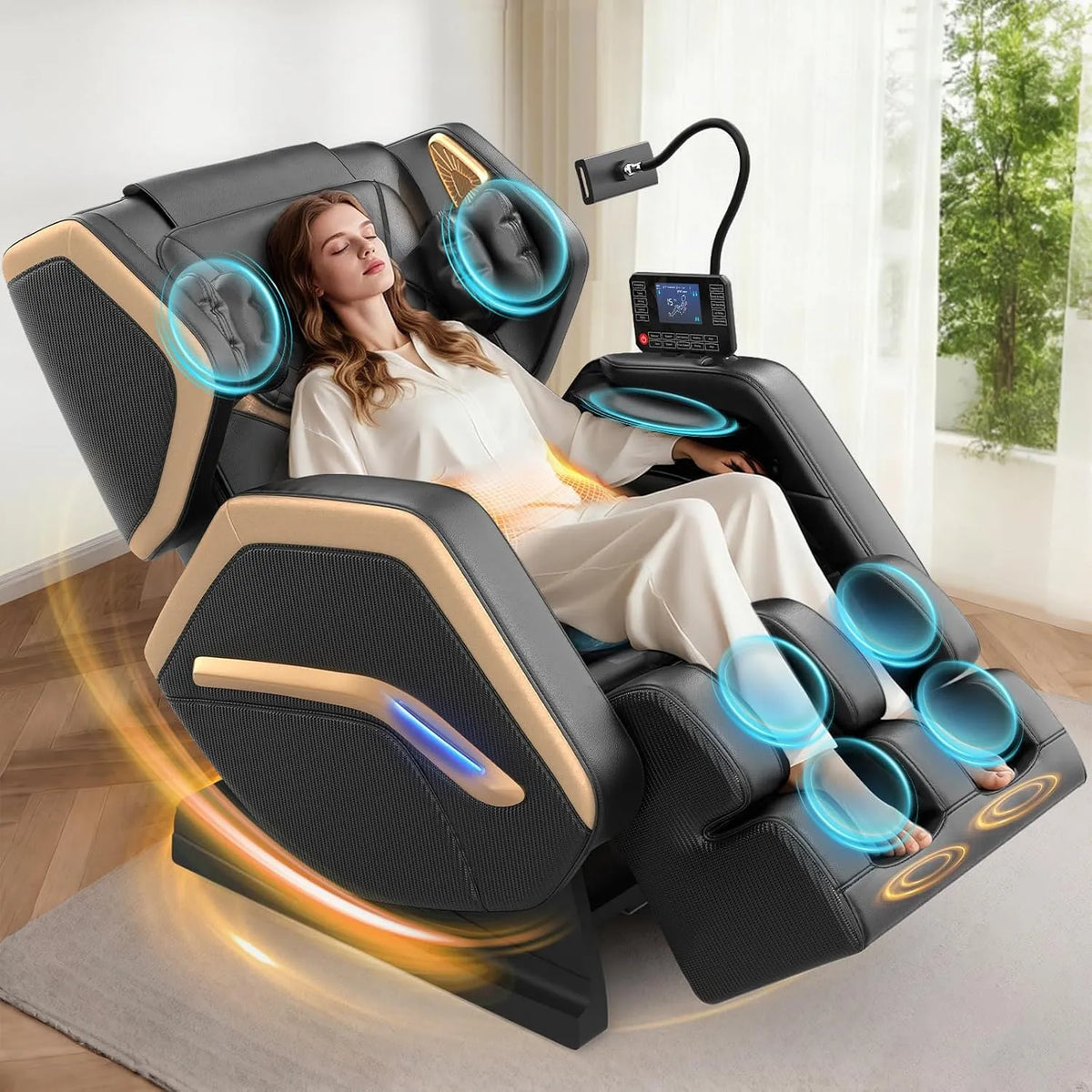 Relax- und Massagesessel, Transportrollen, Touch-Bedienung, Bluetooth, Touch-Fernbedienung für Familie und Freunde, 14 Massagerollen, 8 Airbags