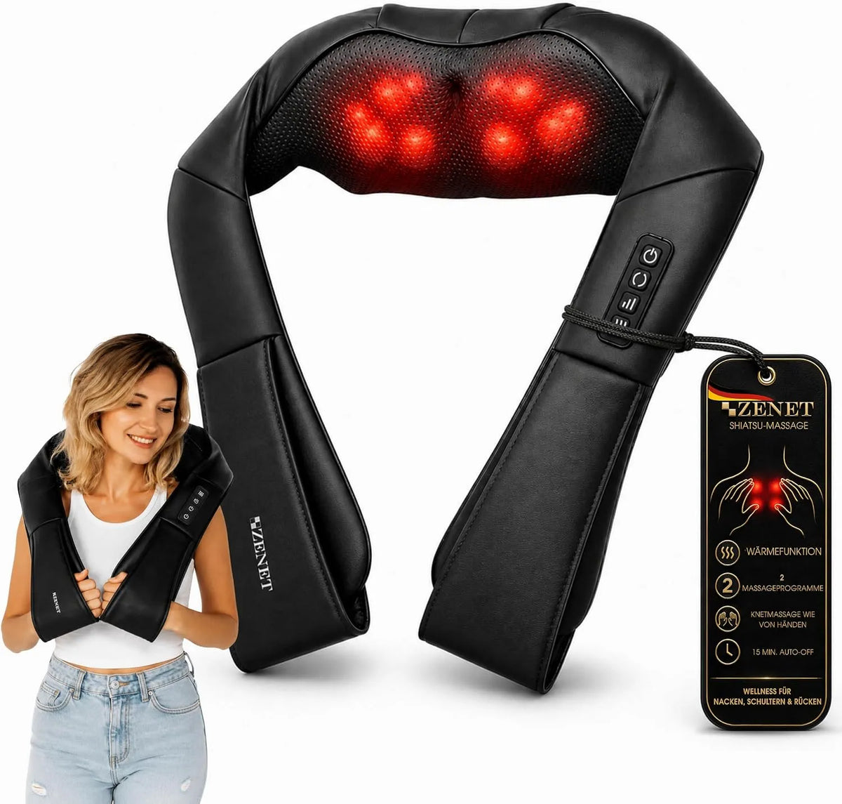 Nackenmassagegerät, Rückenmassagegerät, Massageapparat für Nacken und Rücken, 3D-Optik, Wärmefunktion, Schwarz, für Nacken Schulter Rücken, ZENET