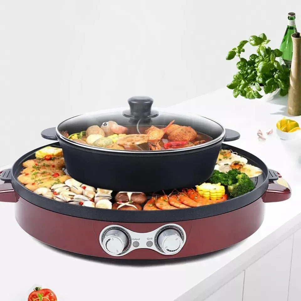 Barbecue, Grill, Topf, elektrischer Multikocher mit Grill, 2200 W, Rot, für Zuhause