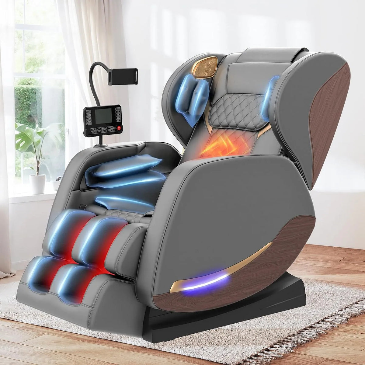 Relax- und Massagesessel 2-in-1-Touchscreen, 12 cm, Transportrollen, Touch-Bedienung, Bluetooth, Schwarz, 12 cm verstellbare Fußstütze, 8 Airbags