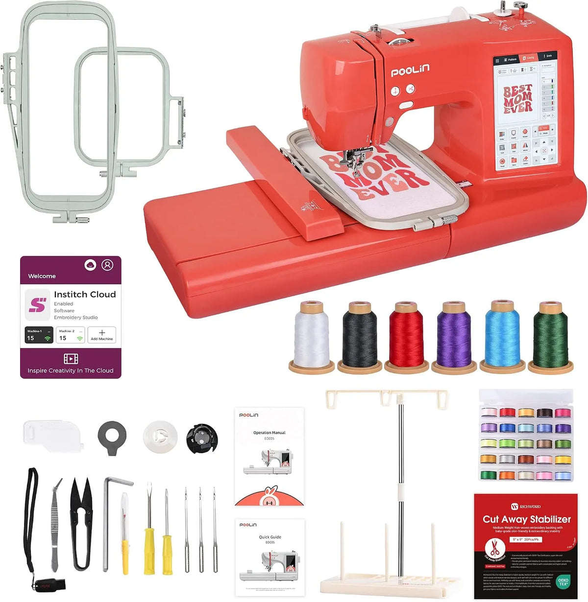EOC05 Stickmaschine, Anfänger, Stickautomat, 10×10 cm, 23,5 cm, Touch-Bedienung, WLAN, USB, LCD-Display, Rot, für Anfänger und Experten, PooLin