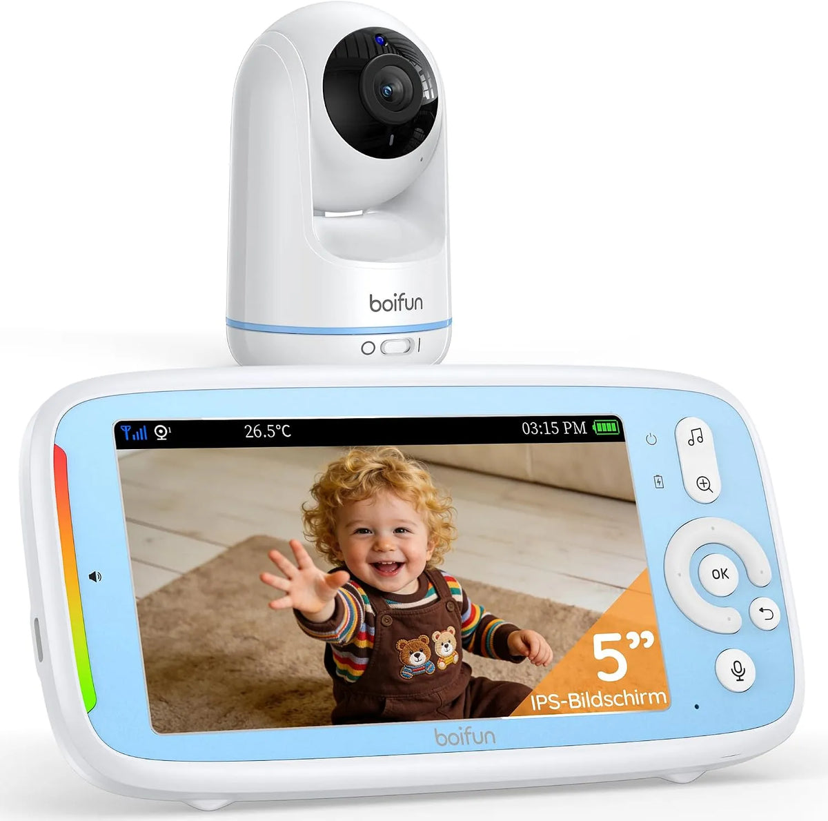 Monitor, BOIFUN HD 720P 3050mAh, WLAN, IPS-Panel, Unsichtbare Nachtsicht, 360° Kamera, Ohne WLAN, VOX Sprachaktivierung