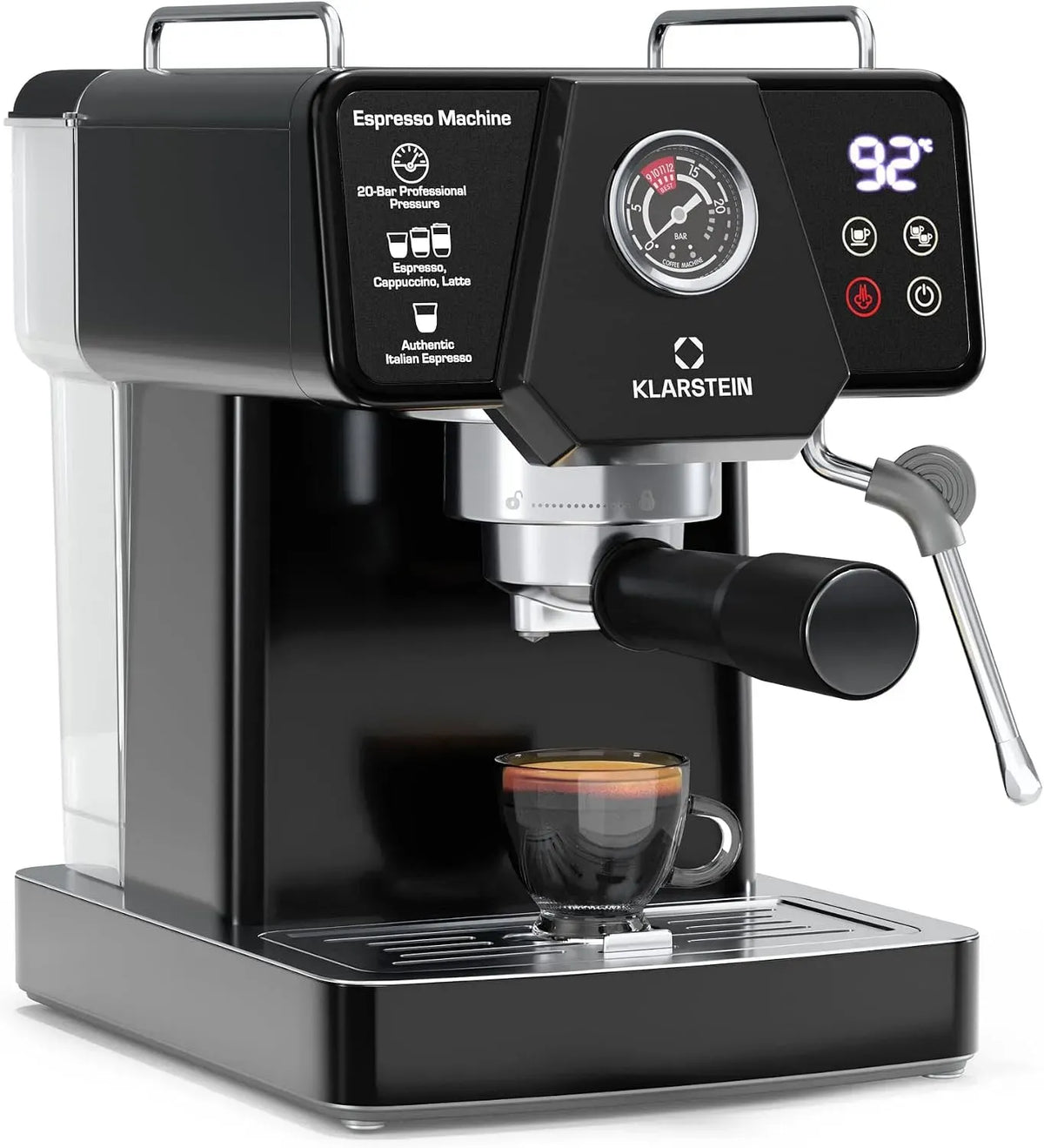 Klarstein Siebträgermaschine, 19 Bar, 1.350 W, Touch-Bedienung, großer Wassertank, Dampf, Edelstahl, für Espresso und Kaffeepulver, 1,8 l