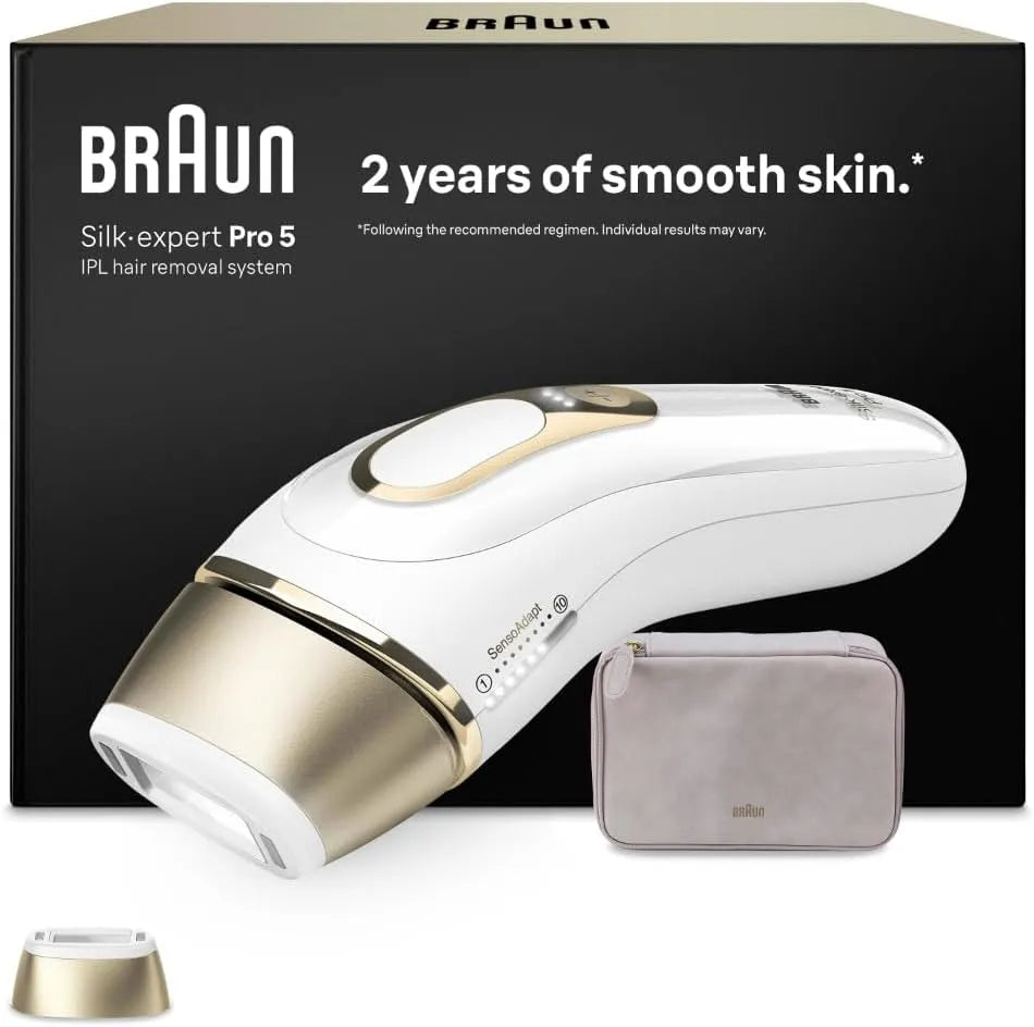Braun PL5100 IPL Geräte Haarentfernung Silk·expert Pro 5, Weiß/Gold, für Alternative Laser Haarentfernung für Zuhause, Etui Und 1 Aufsatz, Dauerhafte