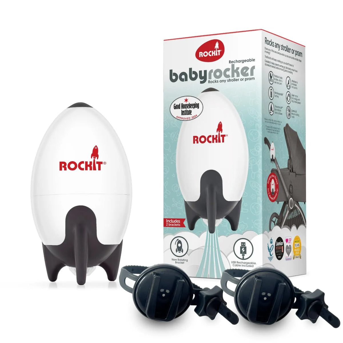 60-Min IPX1 Rocker Kinderwagenschaukler Einschlafhilfe USB Set 2 Halterungen, stufenlos, für Baby, 60-Min Timer, ultraleise, spritzwassergeschützt