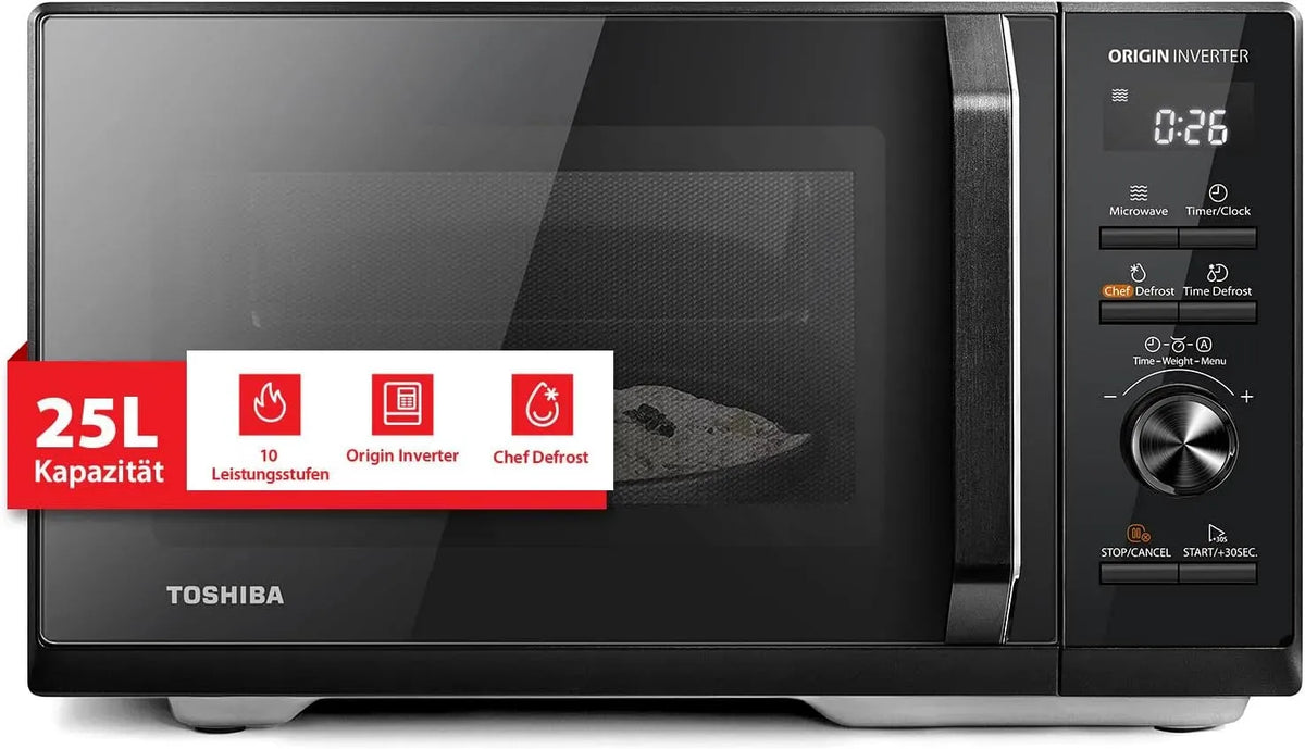 Toshiba MW3-AM25PFI Mikrowelle, 25 L, 900 W, Inverter, Auftaufunktion, Mikrowellenofen, Schwarz, 7 Auto-Menüs, 10 Leistungsstufen, Origin-Inverter