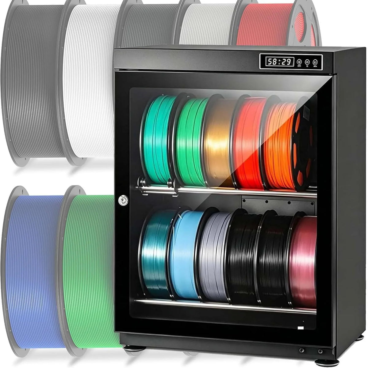 Drucker, 70 L, Versiegelter 3D-Druckerfilamente, 3D-Optik, Bietet Platz für bis zu 12/21 Spulen, Trockenschrank für mit Gestell 70L