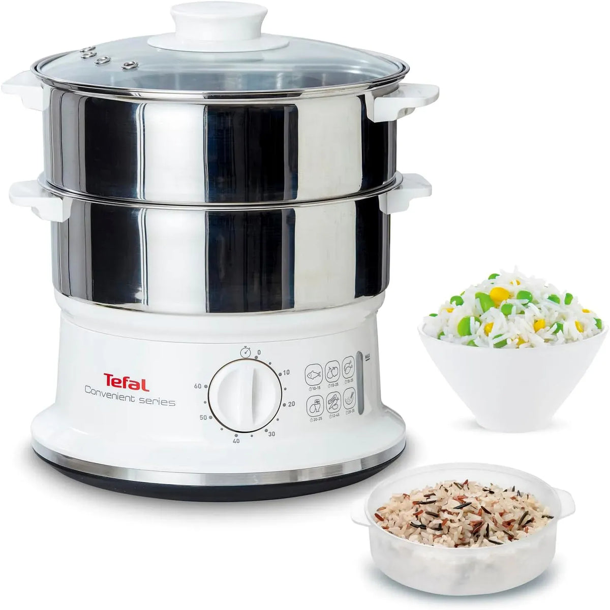 Tefal VC1451 Edelstahlbehälter, Dampfkocher, Durchmesser, Dampfgarer, 24cm, 6 L, 900 W, 24 cm, Timer, Weiß