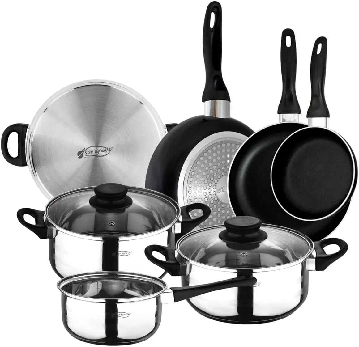 3-teiliges Kochgeschirr-Set, Ignacio, 1,6 l, 2,3 l, 3,3 l, aus Edelstahl und Pfannenset, aus gepresstem Aluminium mit Antihaftbeschichtung, 16 20 24