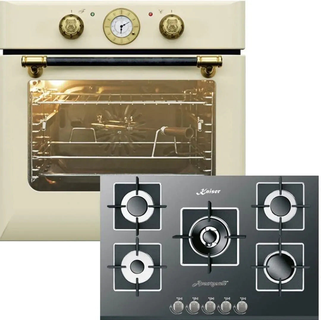 Herdset mit Kochfeld und Backofen, 77cm, 68 L, Kaiser EH 6432 Funktionen+77cm, Einbau, autark, Schwarz, Retro Einbau Backofen Elektro, 3,8kW WOK